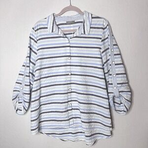 Habitat Textured Gauze Cotton Shirt Sz XL Roll Tab Striped Beach Lagenlook Artsy